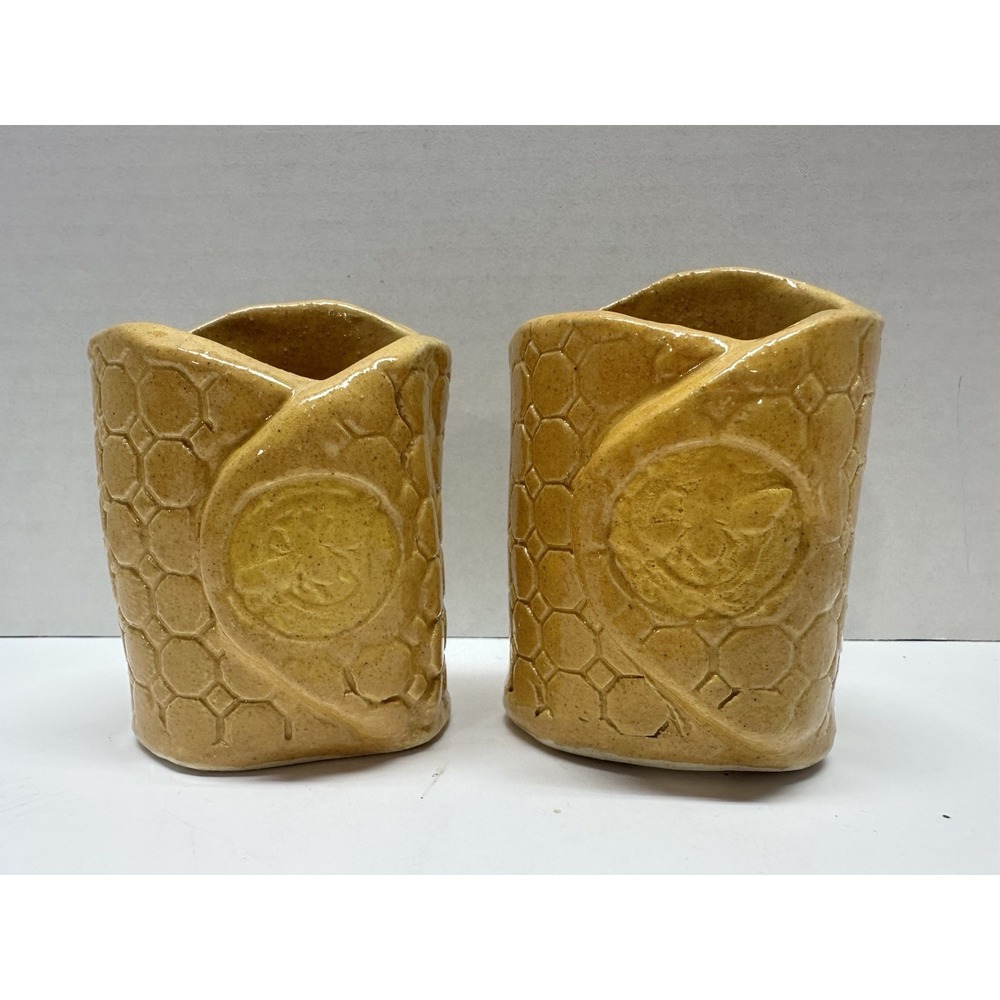Ceramic Pottery Embossed Bee Hive Tea Light Holders Handmade Set of 2